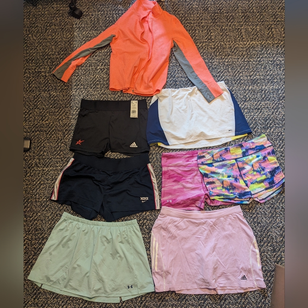 Bundle Of 8 Large Athletic items, Shorts, Tennis Skirts, Zip Up